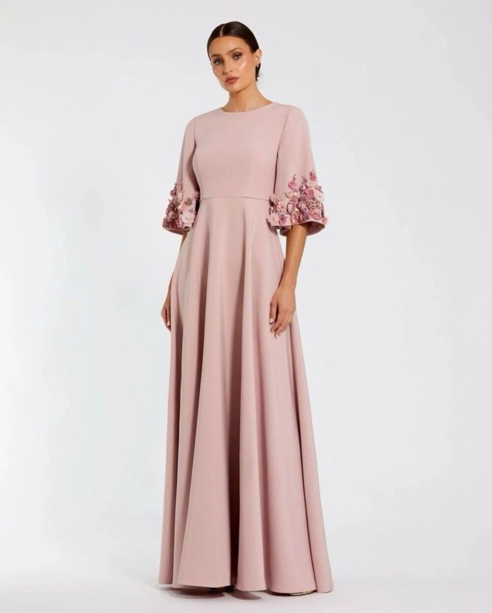 Mac Duggal 11854 Pink Crepe 3/4 Sleeve A-line Gown With Flower Trim Sz 8 NWT